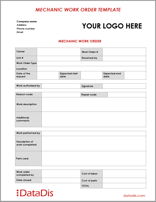 Mechanic Work Order Template Word